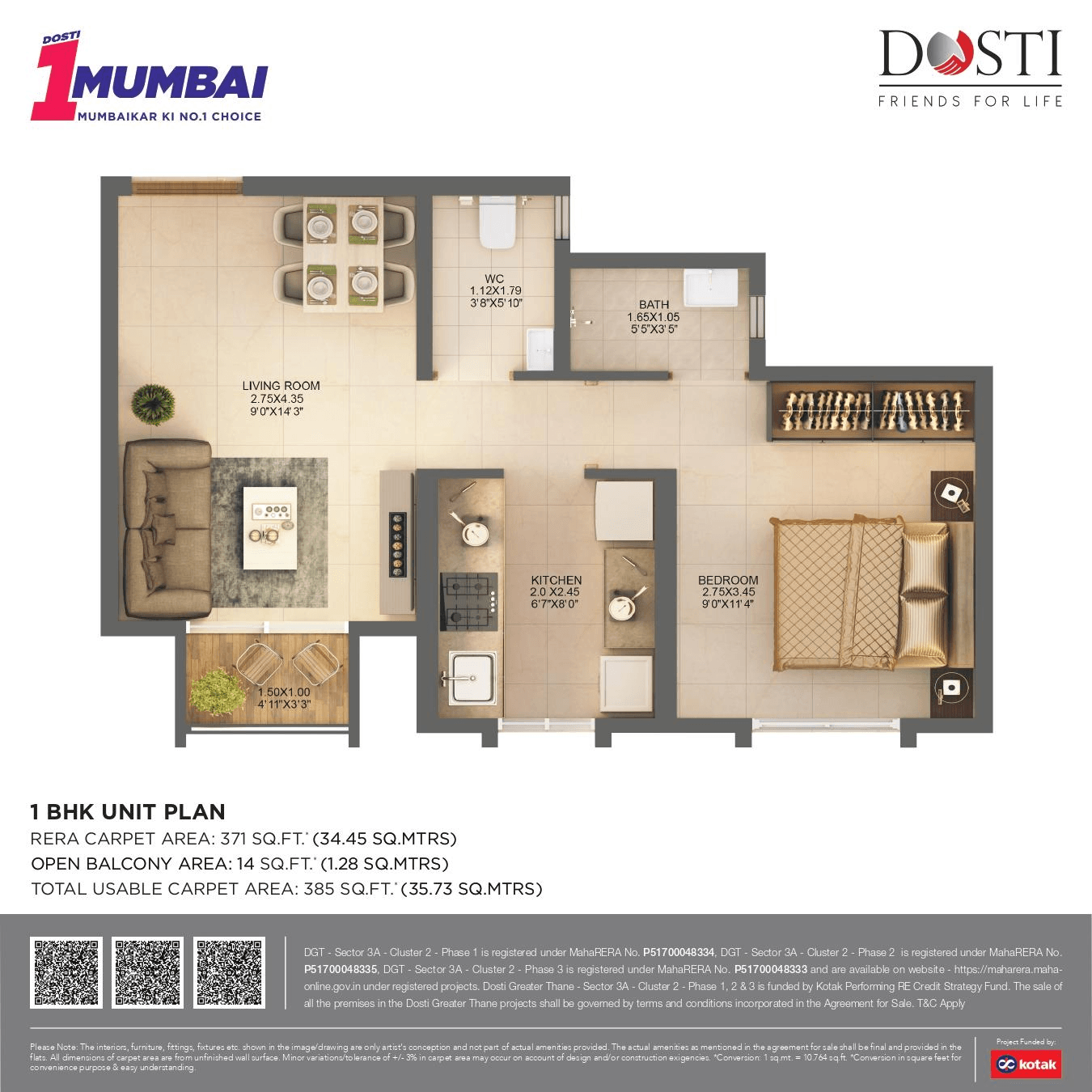 Dosti Greater Thane Phase II Unit plan - 385 sq.ft.