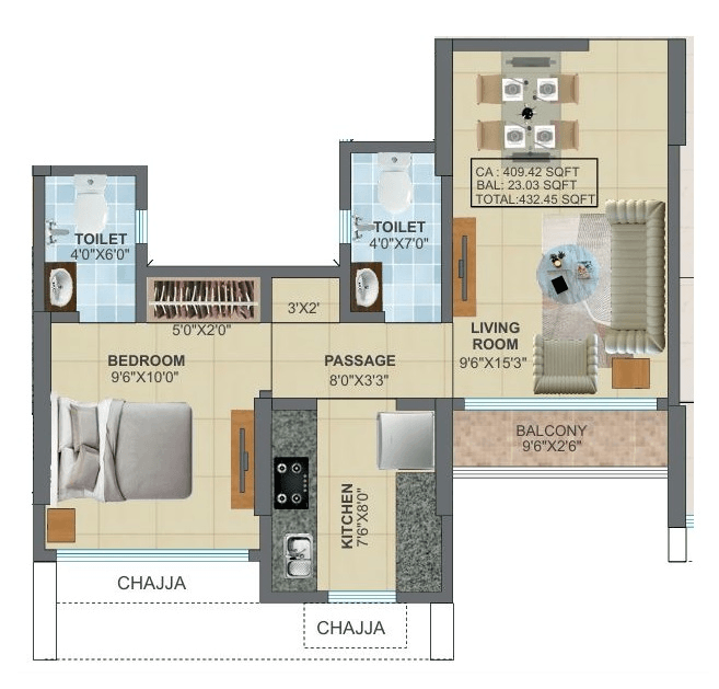 Panchratna Sapphire Unit plan - 433 sq.ft.