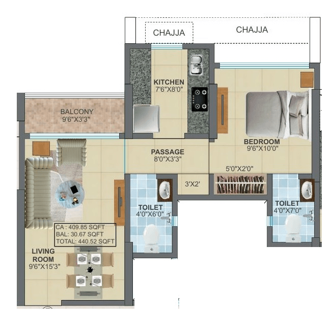 Panchratna Sapphire Unit plan - 442 sq.ft.