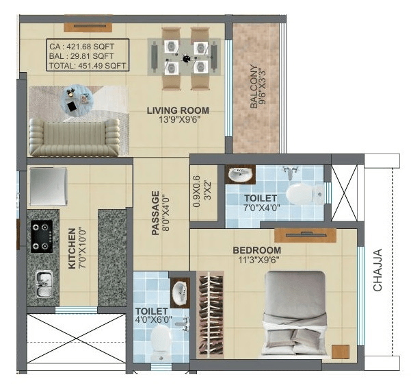 Panchratna Sapphire Unit plan - 451 sq.ft.