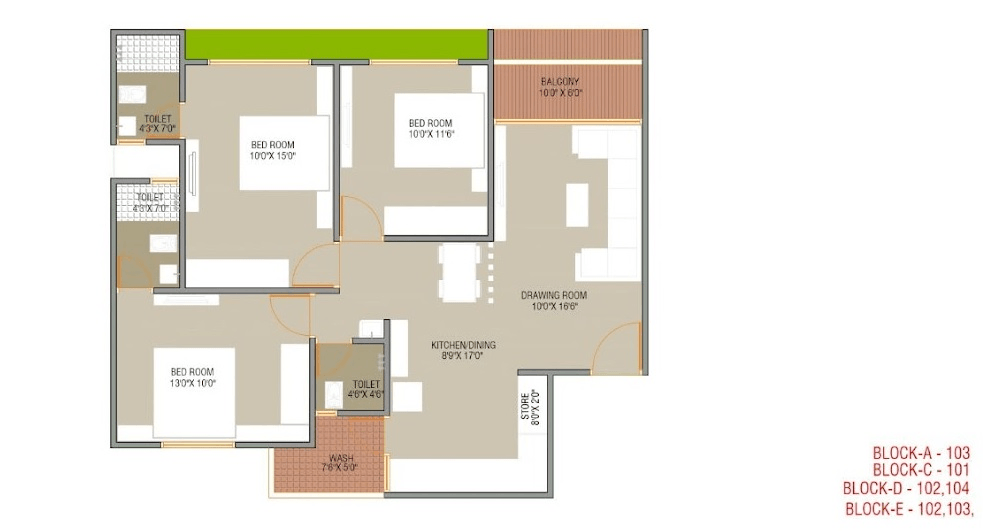 Happy Aura Unit plan - 999 sq.ft.