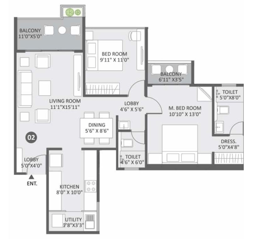 Austin Yana Unit plan - 834 sq.ft.