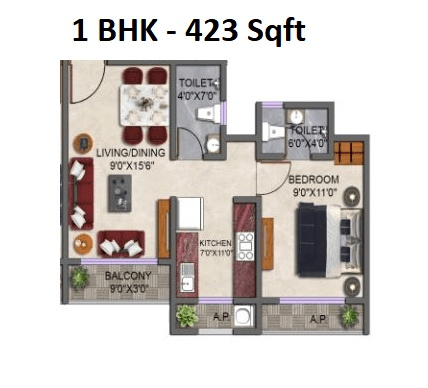 Zar Landmark Unit plan - 423 sq.ft.