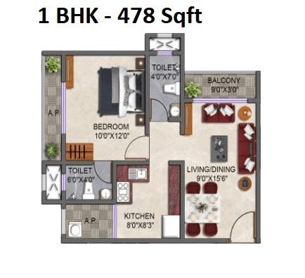 Zar Landmark Unit plan - 478 sq.ft.
