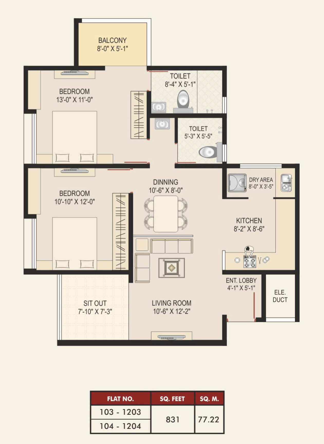 Shubh Serenity Unit plan - 831 sq.ft.