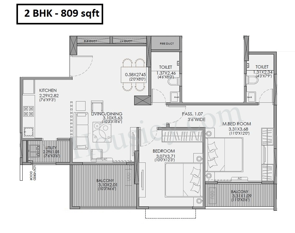 Ganga Newtown Unit plan - 809 sq.ft.