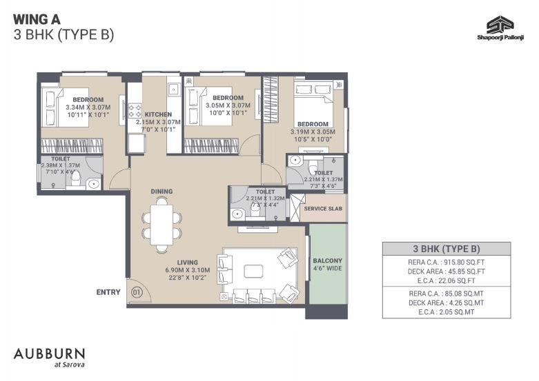 Shapoorji Sarova Aquila Unit plan - 983 sq.ft.