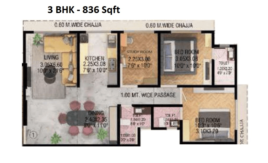 Pattathu Pearl Heritage Unit plan - 836 sq.ft.