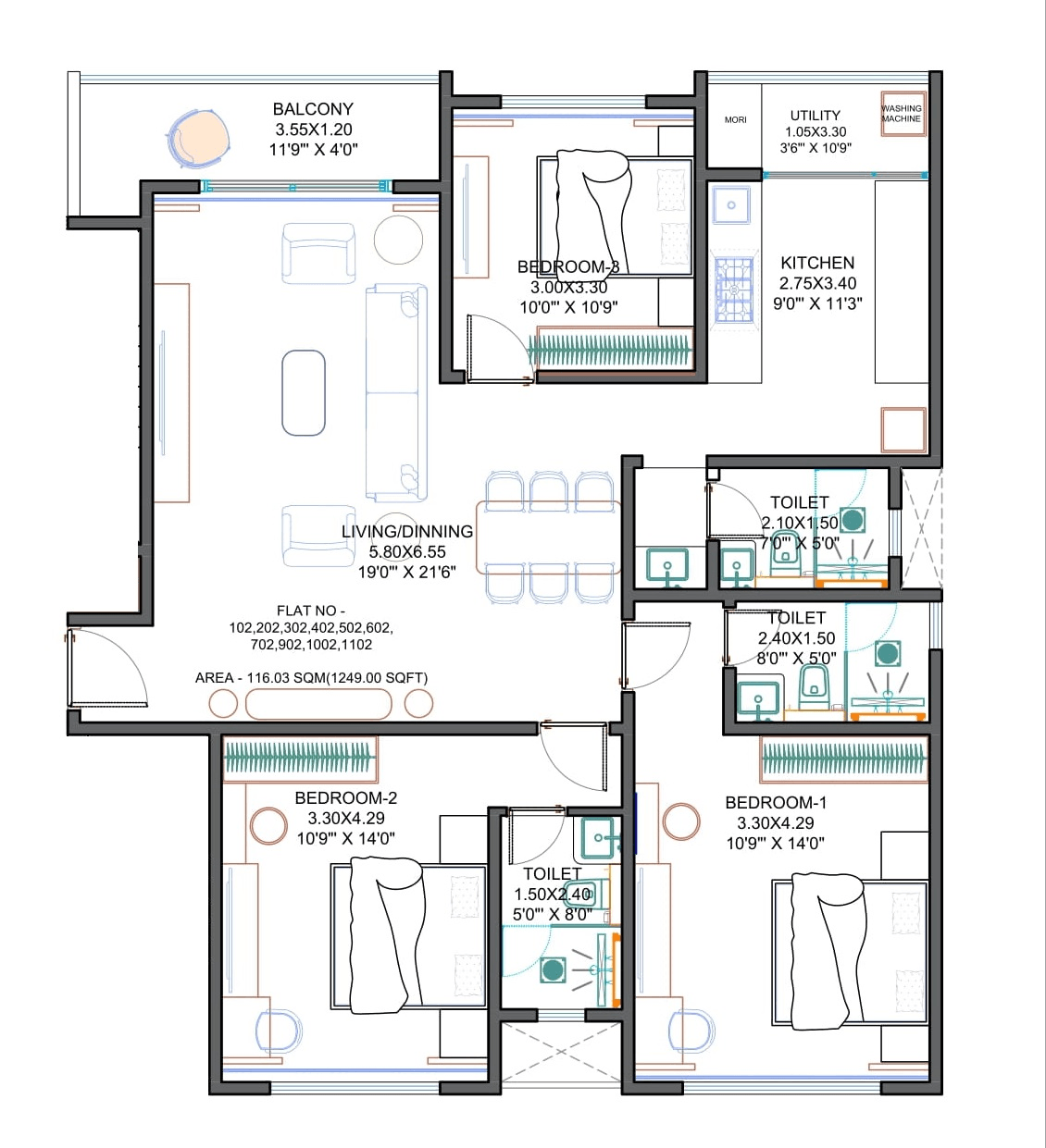 Balwadkar Marqis Unit plan - 1249 sq.ft.