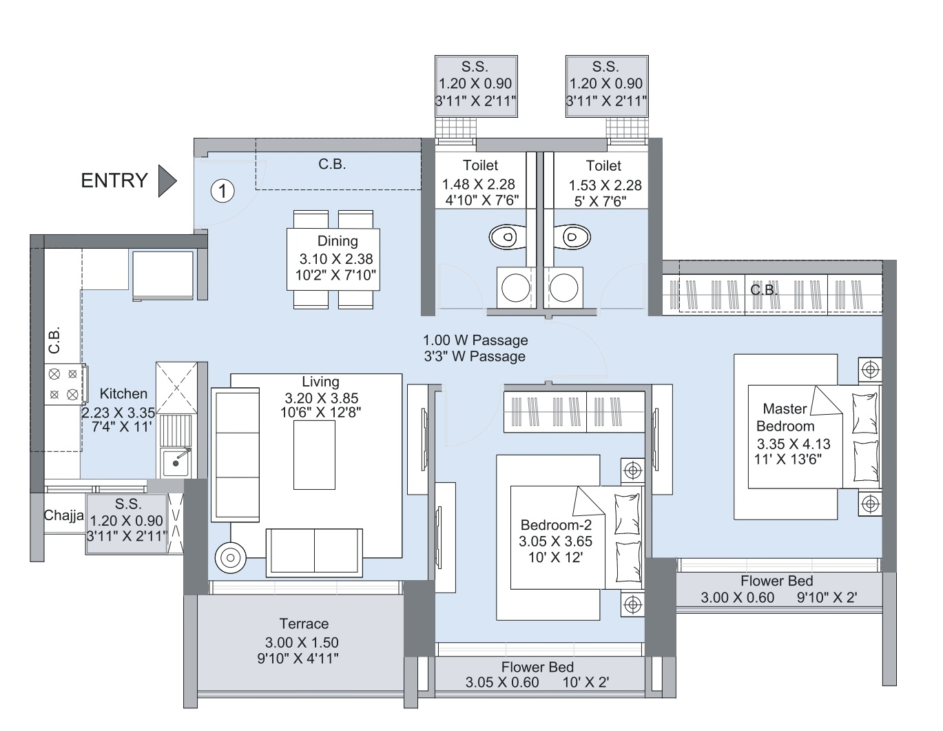 L&T West Square Unit plan - 830 sq.ft.